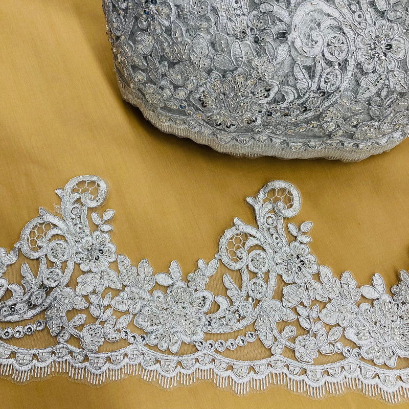 Beaded & Corded Lace Trimming Embroidered on 100% Polyester Net Mesh | Lace USA - 96435W-HB