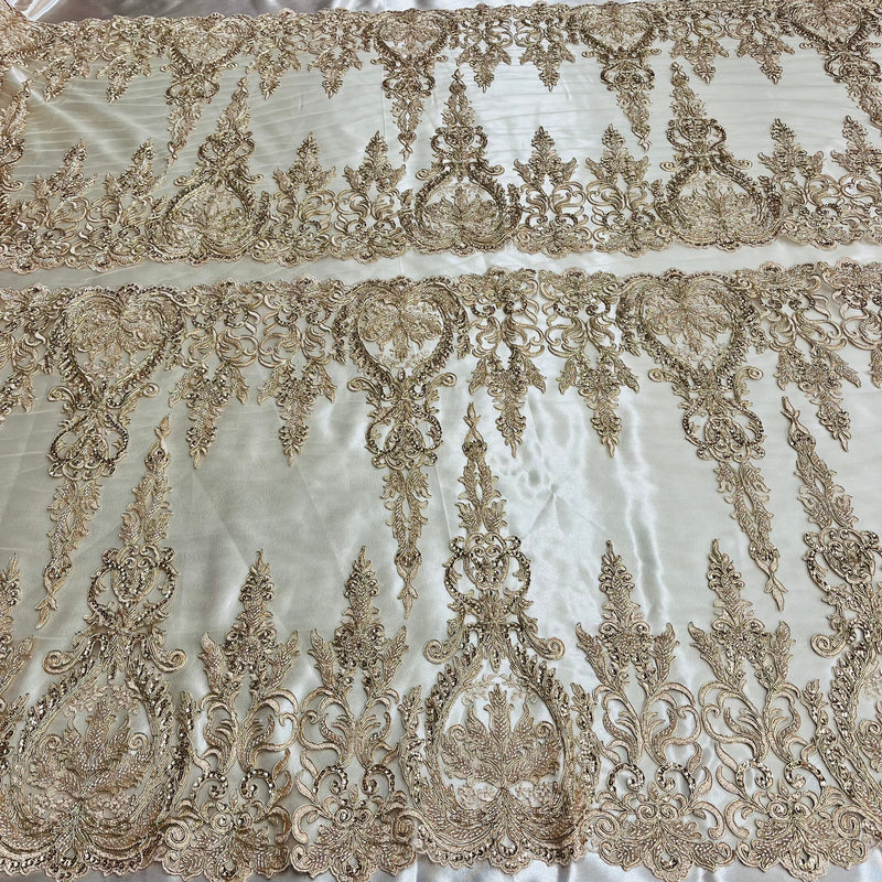 Beaded & Corded Bridal Lace Fabric Embroidered on 100% Polyester Net Mesh | Lace USA - 97201W-HB