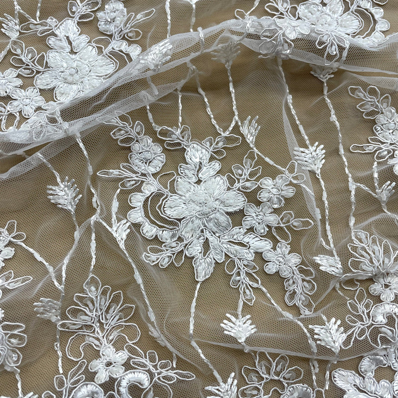 Beaded & Corded Bridal Lace Fabric Embroidered on 100% Polyester Net Mesh | Lace USA - GD-1815