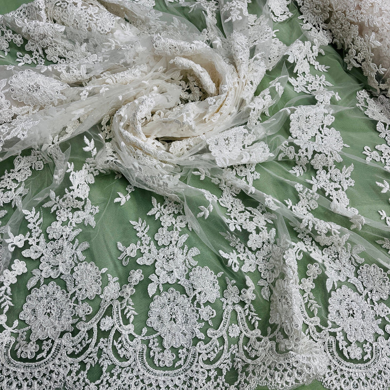 Beaded & Corded Bridal Lace Fabric Embroidered on 100% Polyester Net Mesh | Spandex Palace