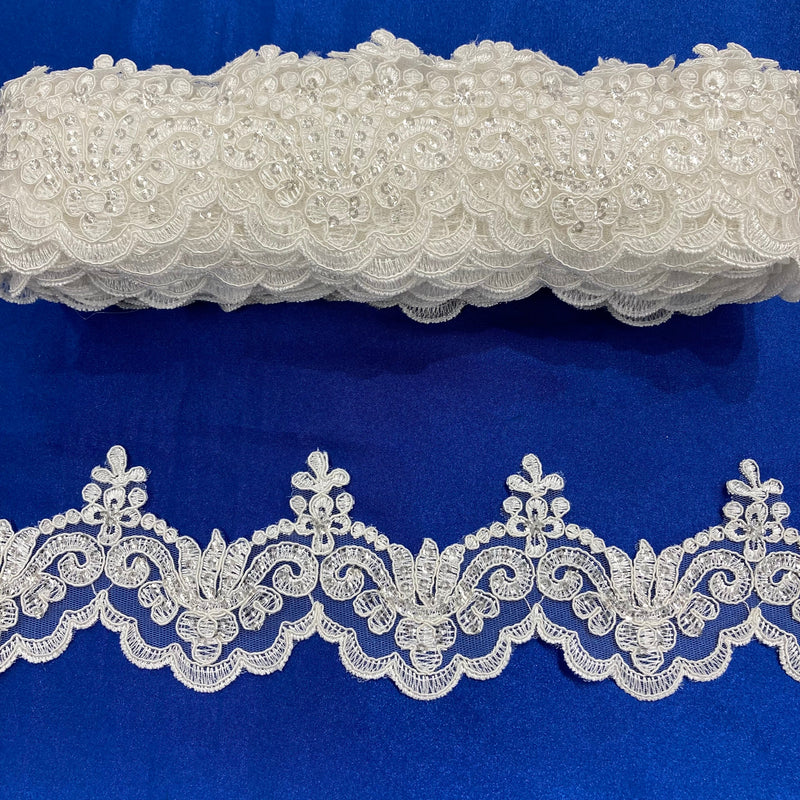 Beaded & Corded Lace Trimming Embroidered on 100% Polyester Net Mesh | Lace USA - KZ-34W-SB