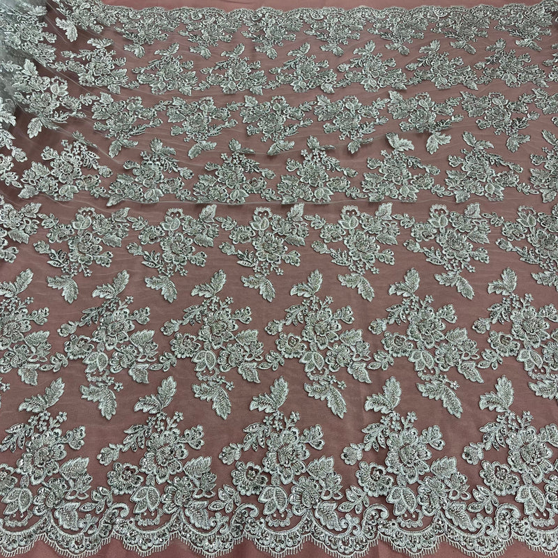 Beaded & Corded Bridal Lace Fabric Embroidered on 100% Polyester Net Mesh | Lace USA - 95409W-HB