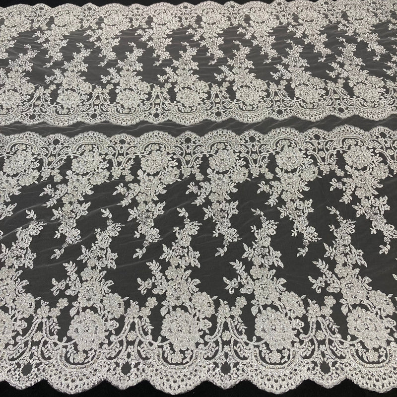 Beaded & Corded Bridal Lace Fabric Embroidered on 100% Polyester Net Mesh | Lace USA - 96874W-HB