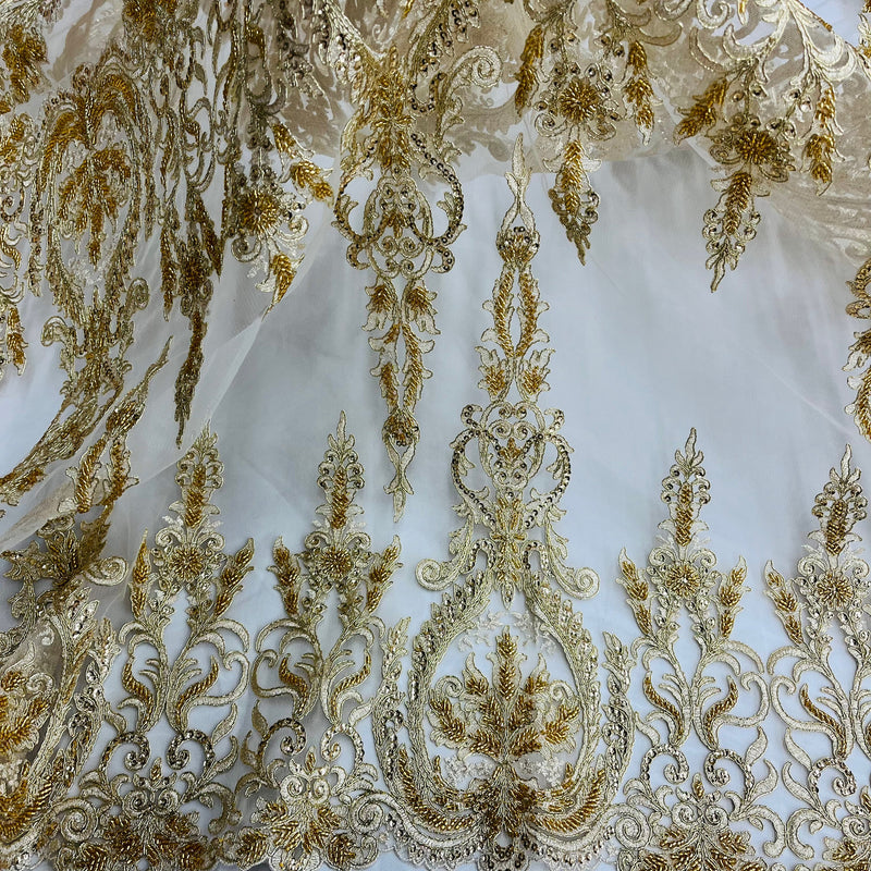 Beaded & Corded Bridal Lace Fabric Embroidered on 100% Polyester Net Mesh | Lace USA - 97201W-HB