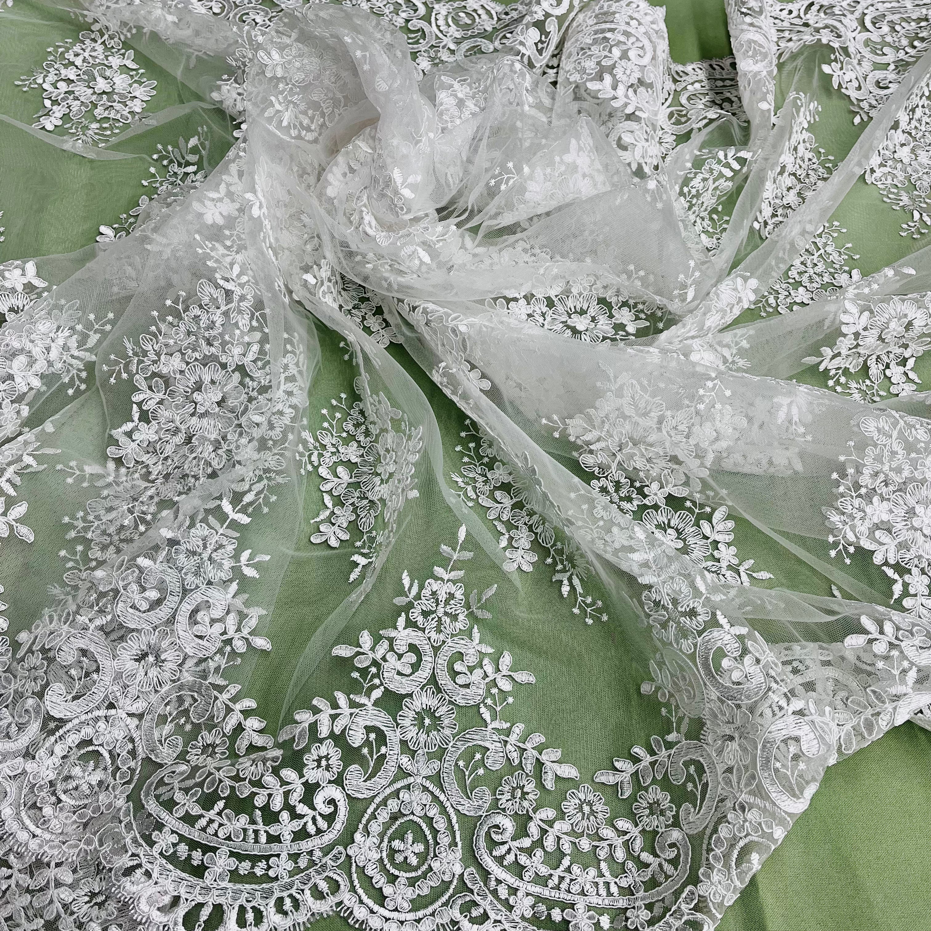 Corded Bridal Lace Fabric Embroidered on 100% Polyester Net Mesh | Lace USA - 97019W