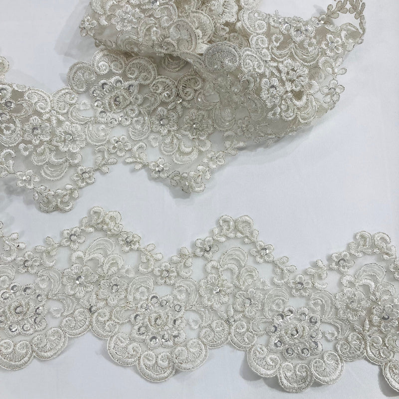 Beaded & Corded Lace Trimming Embroidered on 100% Polyester Net Mesh | Lace USA - 95622W-BP