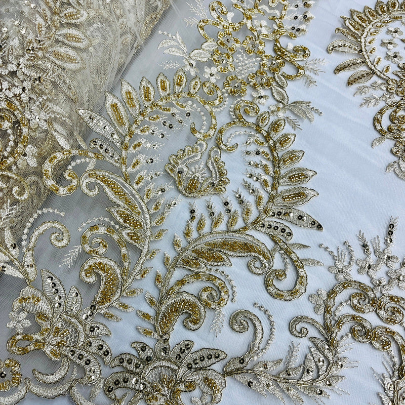 Beaded & Corded Bridal Lace Fabric Embroidered on 100% Polyester Net Mesh | Lace USA - 97160W-HB