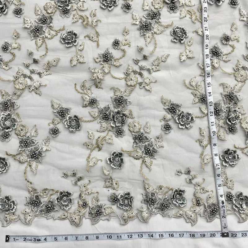 Beaded 3D Floral Lace Fabric Embroidered on 100% Polyester Net Mesh | Lace USA - GD-417