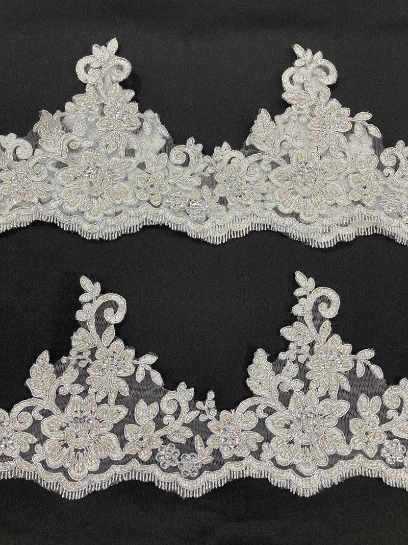 Beaded & Corded Floral Lace Trimming Embroidered on 100% Polyester Net Mesh | Lace USA - 96441W-HB