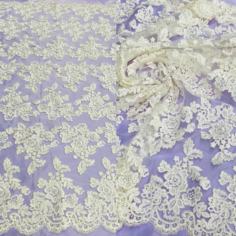 Corded Bridal Lace Fabric Embroidered on 100% Polyester Net Mesh | Lace USA - 95409W