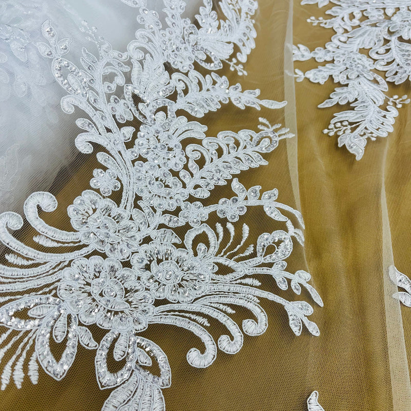 Beaded & Corded Bridal Lace Fabric Embroidered on 100% Polyester Net Mesh | Lace USA - 97141W-SB