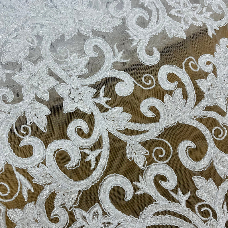 Beaded & Corded Bridal Fabric Lace Embroidered on 100% Polyester Net Mesh | Lace USA - 97219W-HB