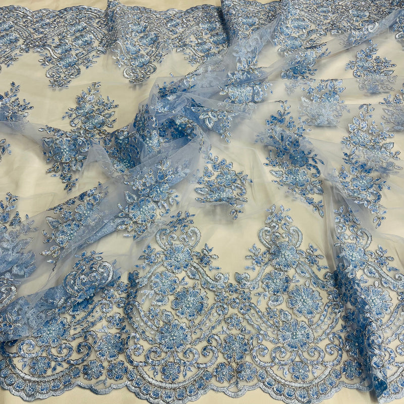 Beaded Corded Lace Fabric With Scallops Embroidered on 100% Poly Metallic | Lace USA - GD-1245