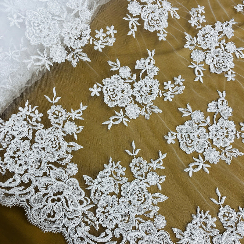 Corded Bridal Lace Fabric Embroidered on 100% Polyester Net Mesh | Lace USA - 97018W