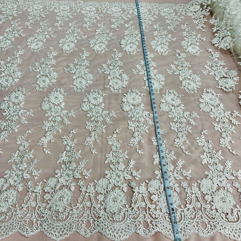 Beaded & Corded Bridal Lace Fabric Embroidered on 100% Polyester Net Mesh | Spandex Palace