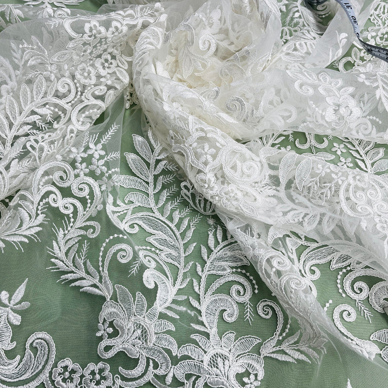 Corded Bridal Lace Fabric Embroidered on 100% Polyester Net Mesh | Lace USA - 97160W