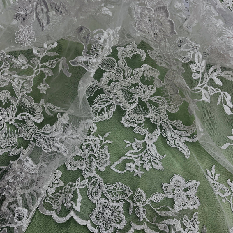 Beaded & Corded Bridal Lace Fabric Embroidered on 100% Polyester Net Mesh | Spandex Palace- 97126W-HB