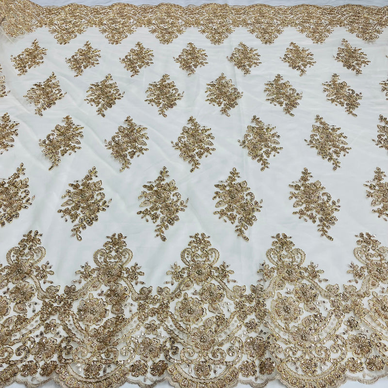 Beaded Corded Lace Fabric With Scallops Embroidered on 100% Poly Metallic | Lace USA - GD-1245