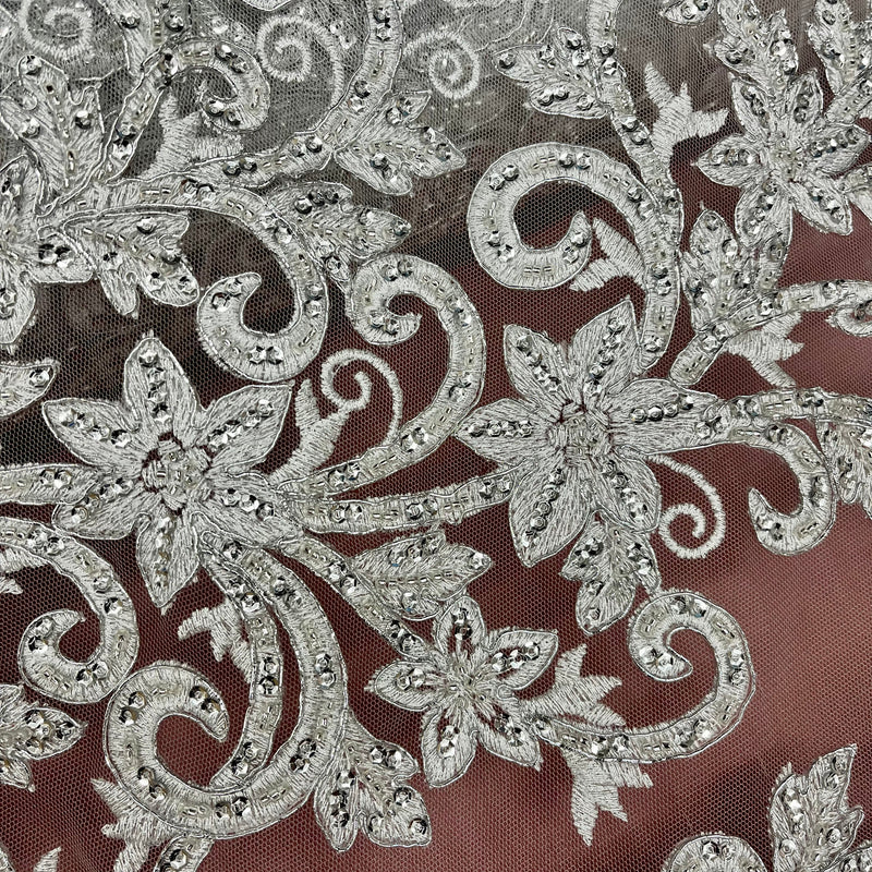 Beaded & Corded Bridal Fabric Lace Embroidered on 100% Polyester Net Mesh | Lace USA - 97219W-HB