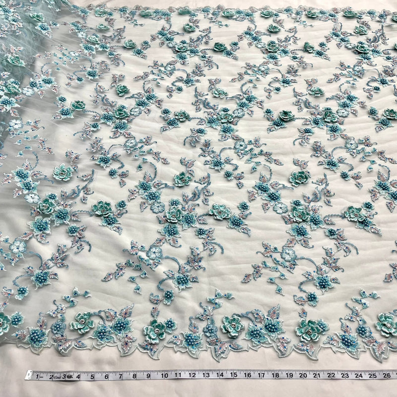 Beaded 3D Floral Lace Fabric Embroidered on 100% Polyester Net Mesh | Lace USA - GD-417