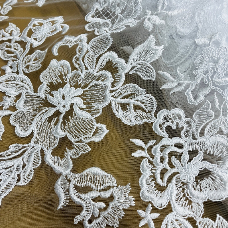 Corded Bridal Lace Fabric Embroidered on 100% Polyester Net Mesh | Lace USA - 97126W