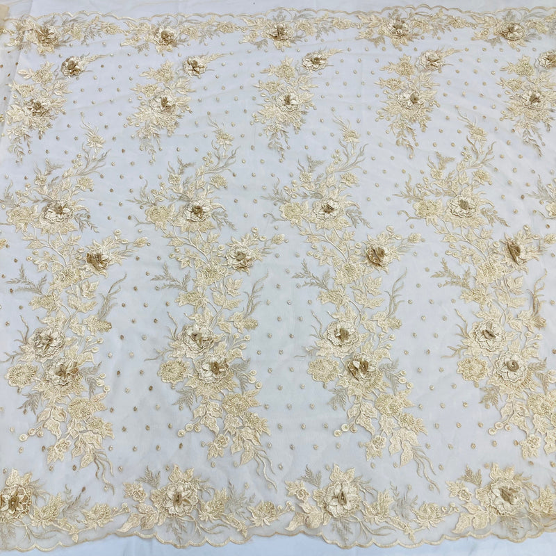 Beaded 3D Floral Lace Fabric Embroidered on 100% Polyester Net Mesh | Lace USA - GD-416