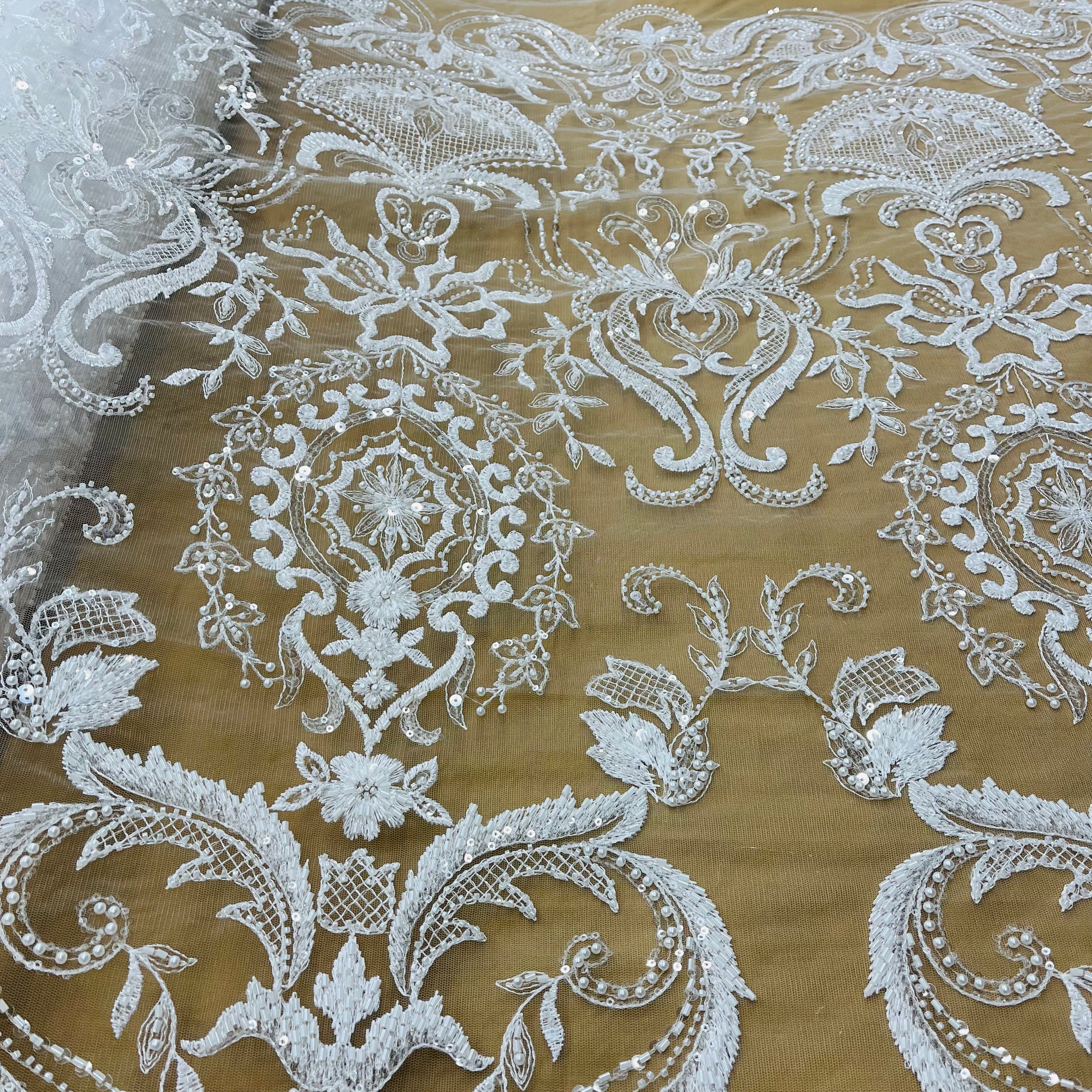 Beaded Lace Fabric Embroidered on 100% Polyester Net Mesh | Lace USA - GD-220707