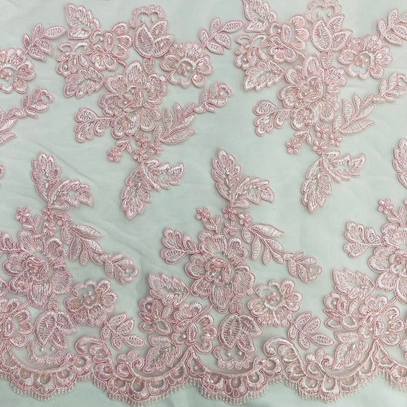 Beaded & Corded Bridal Lace Fabric Embroidered on 100% Polyester Net Mesh | Lace USA - 95409W-BP