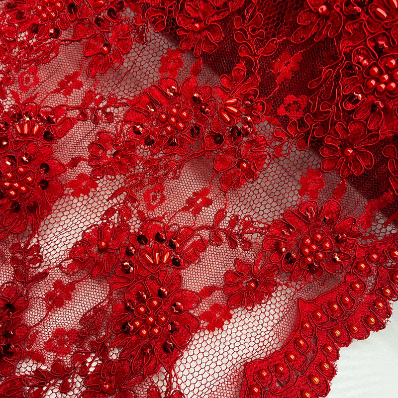 Beaded & Corded Lace Fabric Embroidered on 100% Polyester Net Mesh | Lace USA - 95994W-BP