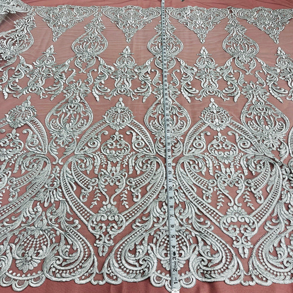 Corded Bridal Lace Fabric Embroidered on 100% Polyester Net Mesh | Spandex Palace- 97086W