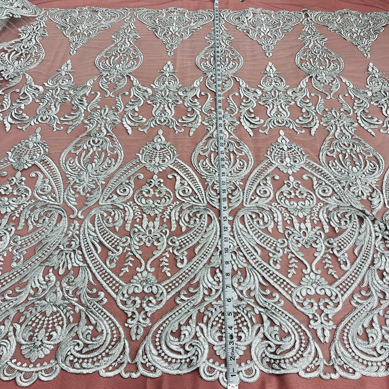 Corded Bridal Lace Fabric Embroidered on 100% Polyester Net Mesh | Spandex Palace- 97086W