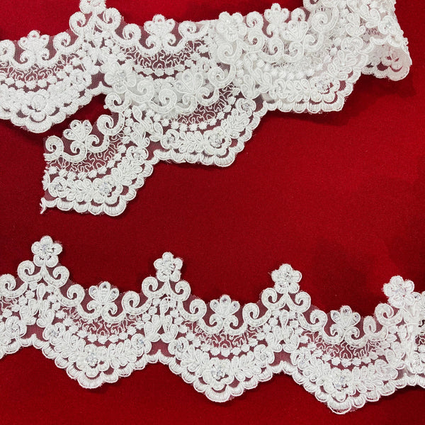 Beaded & Corded Lace Trimming Embroidered on 100% Polyester Net Mesh | Lace USA - 95606W-HB