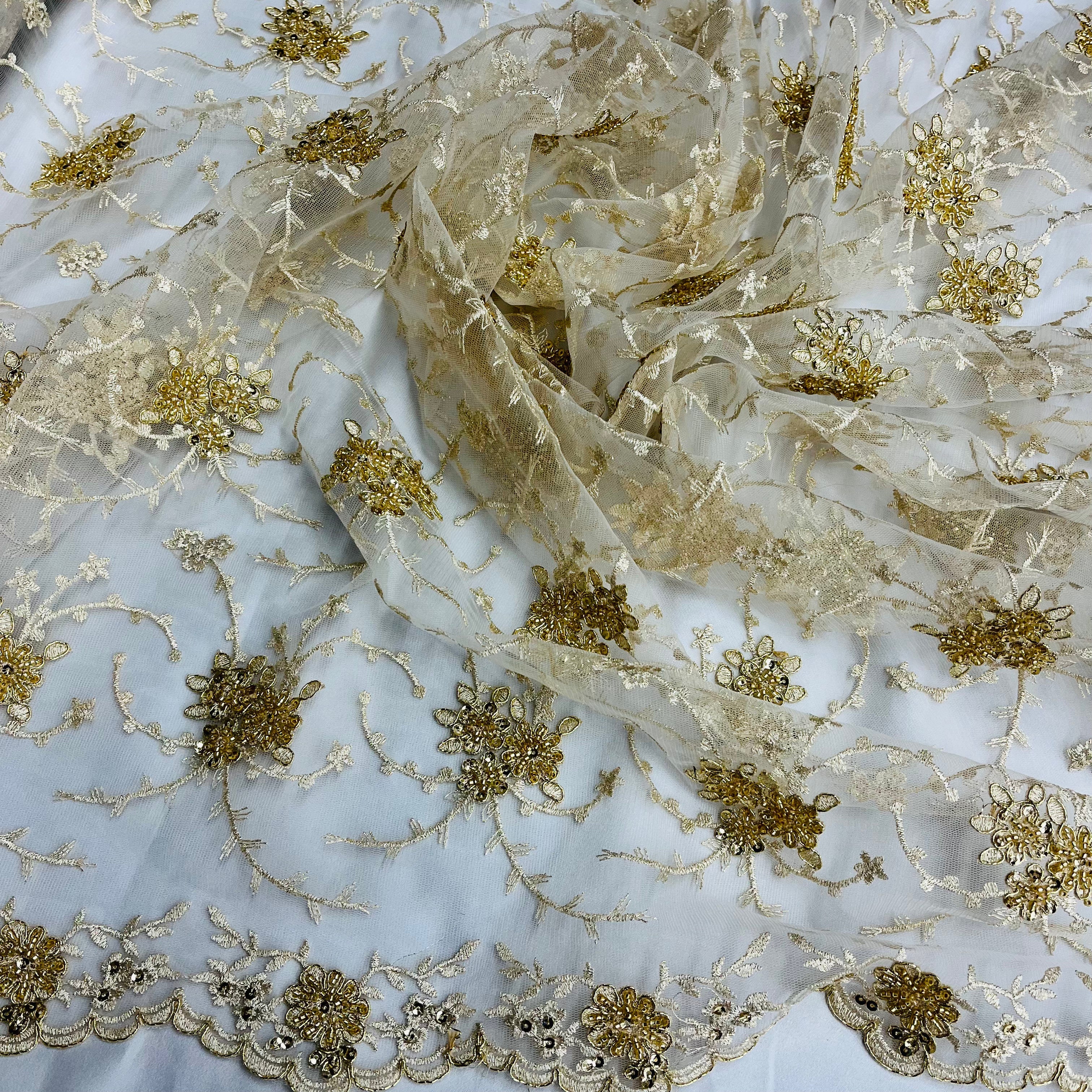 Beaded & Corded Bridal Lace Fabric Embroidered on 100% Polyester Net Mesh | Lace USA - 95575W-BP