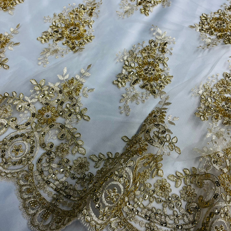 Beaded & Corded Lace Fabric Embroidered on 100% Polyester Net Mesh | Lace USA - 97019W-HB