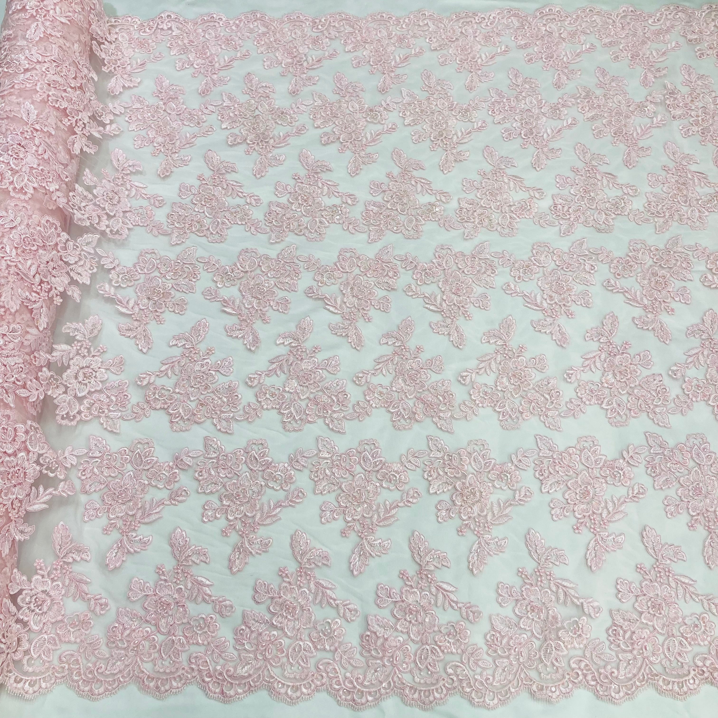 Beaded & Corded Bridal Lace Fabric Embroidered on 100% Polyester Net Mesh | Lace USA - 95409W-BP
