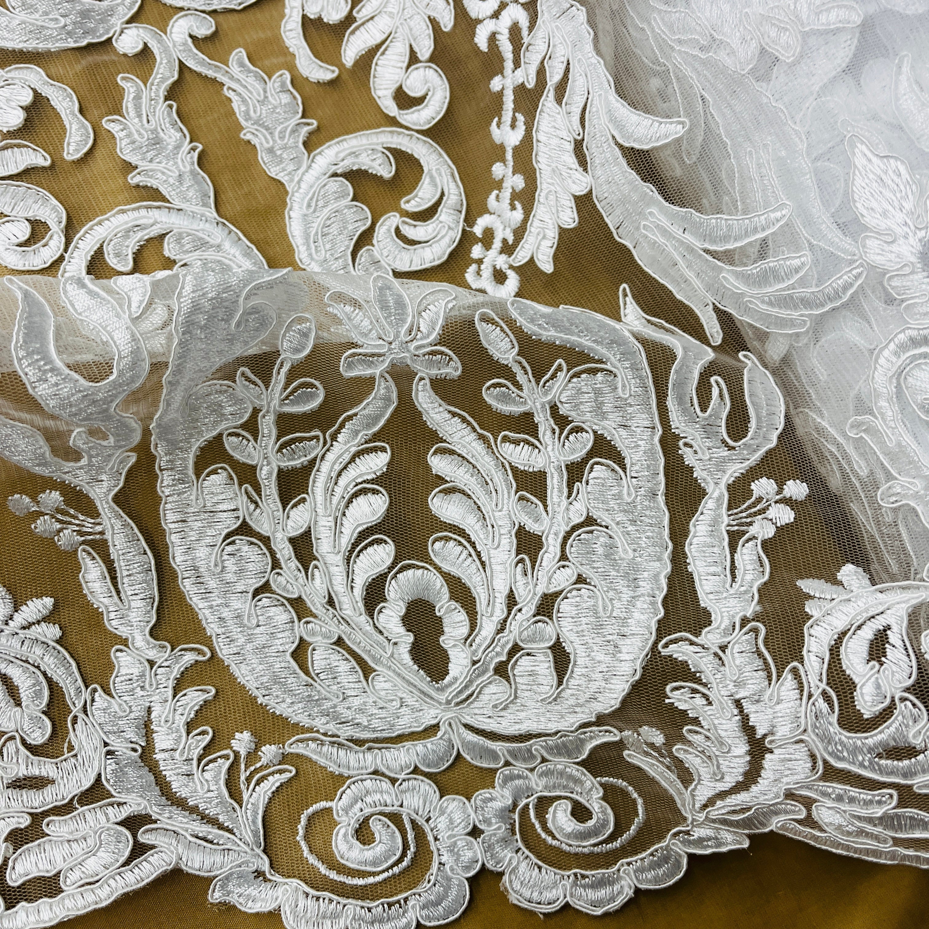Corded Bridal Lace Fabric Embroidered on 100% Polyester Net Mesh | Lace USA - 97087W