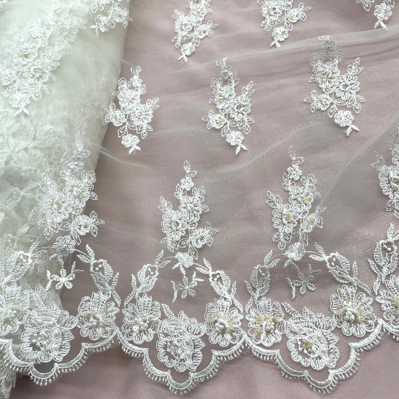 Beaded & Corded Lace Fabric Embroidered on 100% Polyester Net Mesh | Lace USA - 96644W-BP