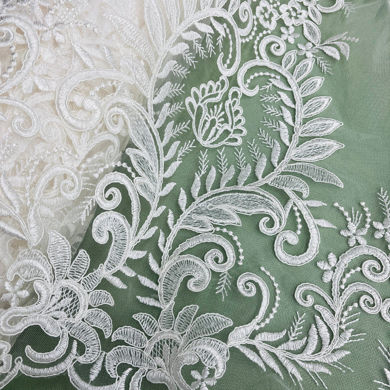 Corded Bridal Lace Fabric Embroidered on 100% Polyester Net Mesh | Lace USA - 97160W