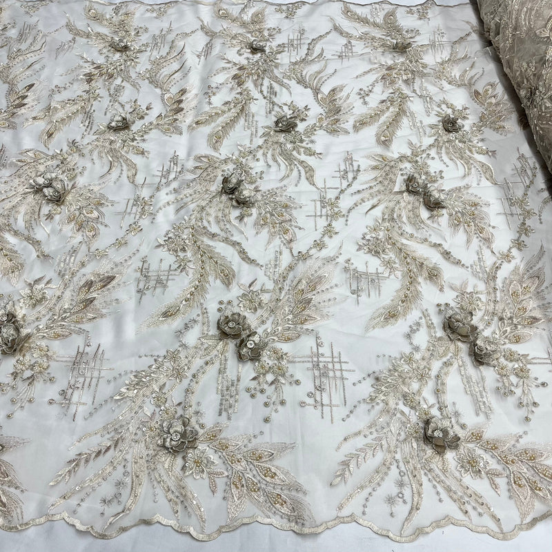 Beaded & Rhinestone 3D Floral Lace Fabric Embroidered on 100% Polyester Net Mesh | Lace USA - GD-2266