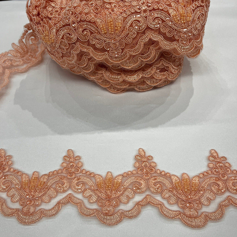 Beaded & Corded Lace Trimming Embroidered on 100% Polyester Net Mesh | Lace USA - KZ-34W-HB