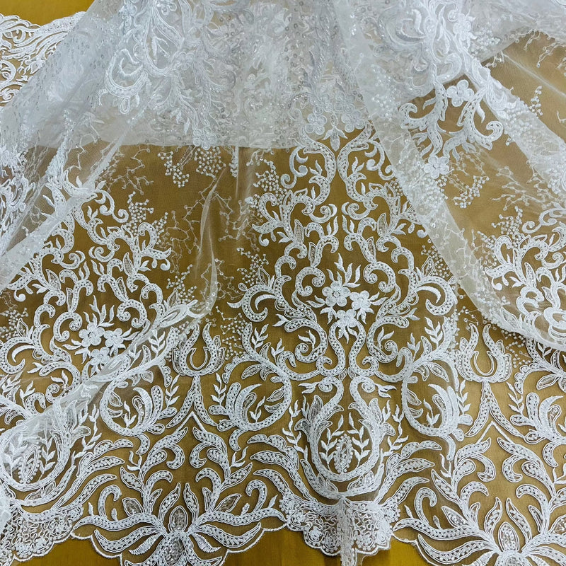 Beaded & Corded Bridal Lace Fabric Embroidered on 100% Polyester Net Mesh | Lace USA - GD-12266