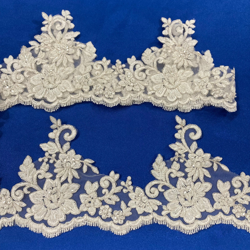 Beaded & Corded Floral Lace Trimming Embroidered on 100% Polyester Net Mesh | Lace USA - 96441W-HB