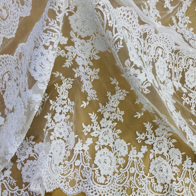 Beaded & Corded Bridal Lace Fabric Embroidered on 100% Polyester Net Mesh | Lace USA - 96874W-HB