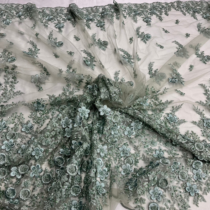 Beaded 3D Floral Lace Fabric Embroidered on 100% Polyester Net Mesh | Lace USA - GD-2015