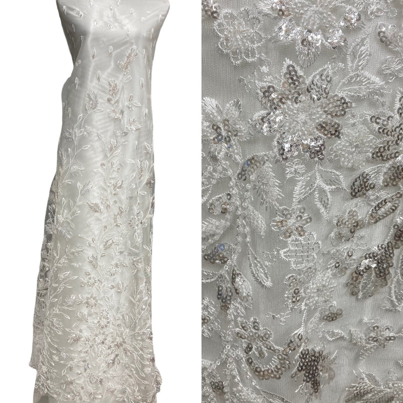 Beaded & Sequined Lace Fabric Embroidered on 100% Polyester Net Mesh | Lace USA - GD-67613