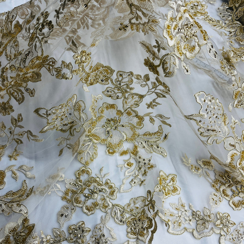 Beaded & Corded Bridal Lace Fabric Embroidered on 100% Polyester Net Mesh | Spandex Palace- 97126W-HB