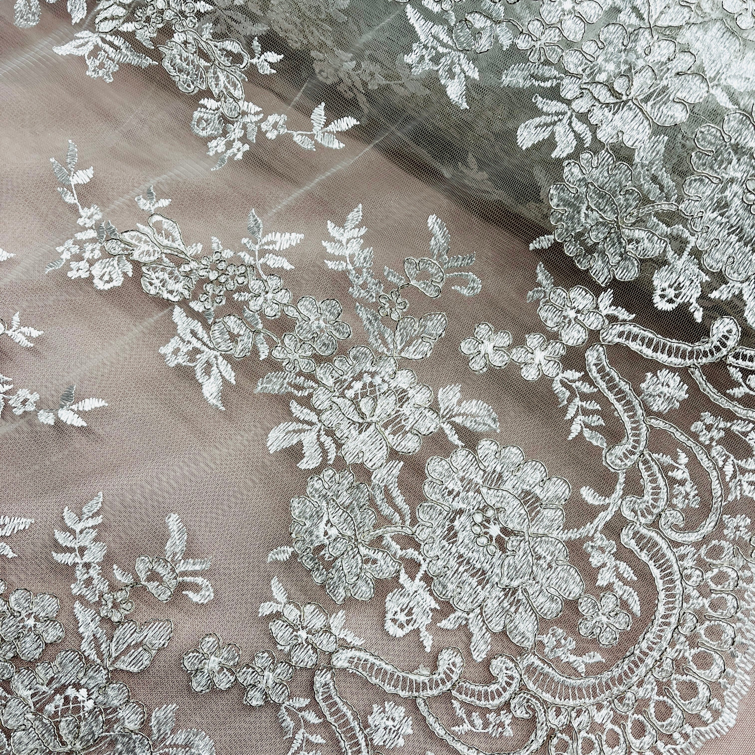 Corded Bridal Lace Fabric Embroidered on 100% Polyester Net Mesh | Lace USA - 96989W