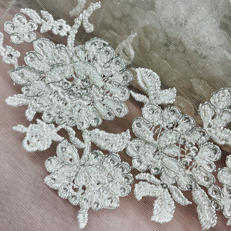 Beaded & Corded Bridal Lace Fabric Embroidered on 100% Polyester Net Mesh | Spandex Palace