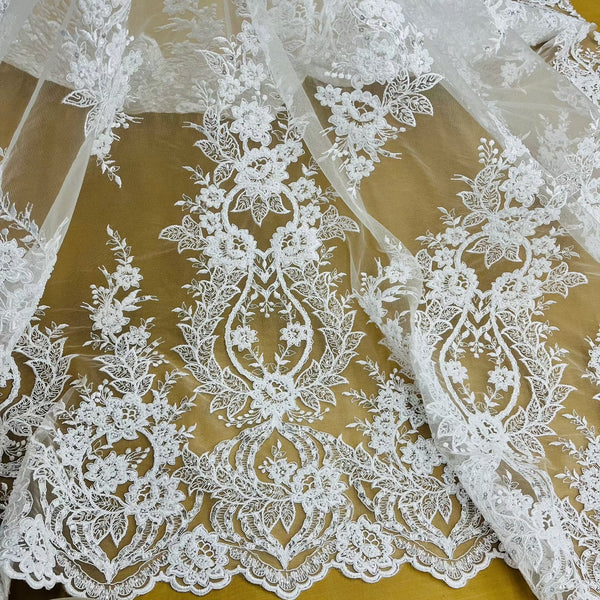 Beaded & Corded Bridal Lace Fabric Embroidered on 100% Polyester Net Mesh | Lace USA - GD-55619