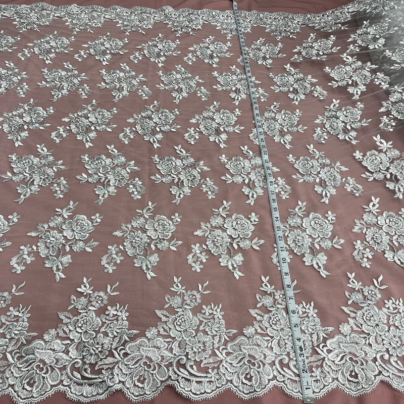 Corded Bridal Lace Fabric Embroidered on 100% Polyester Net Mesh | Lace USA - 97018W